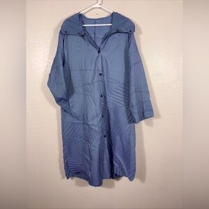 Babette SF Packable Lagenlook Iridescent Blue Long Duster Jacket Hooded USA L